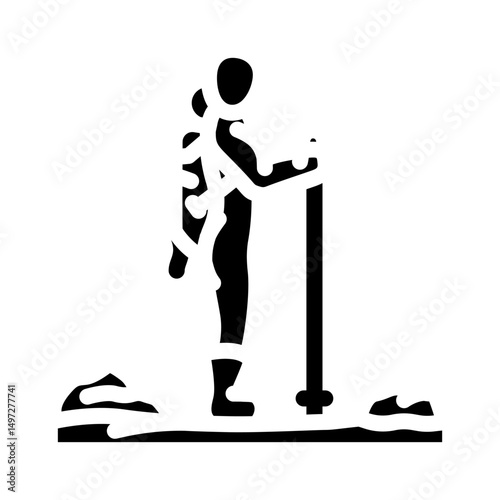 hiking backpack and walking stick glyph icon vector illustration