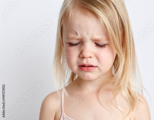 Portrait of a crying Caucasian girl on white background