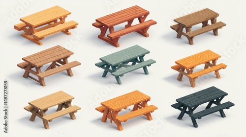 Fototapeta Naklejka Na Ścianę i Meble -  A 4K photo of isometric Wooden Picnic Tables and Benches on white background.