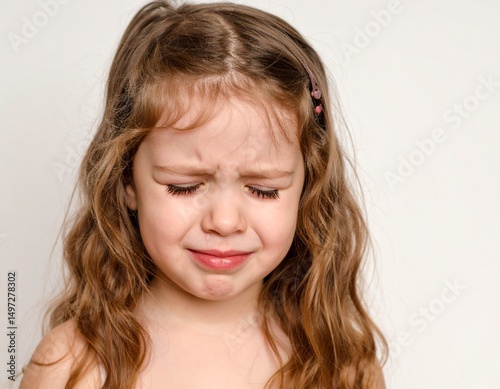 Portrait of a crying Caucasian girl on white background