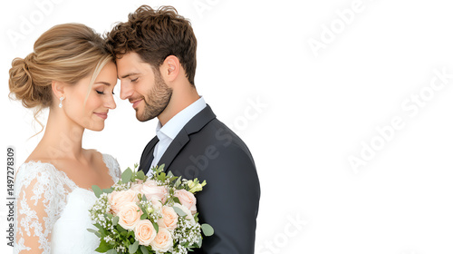 Happy couple embracing, celebrating love on their wedding day, with a beautiful bouquet of flowers.