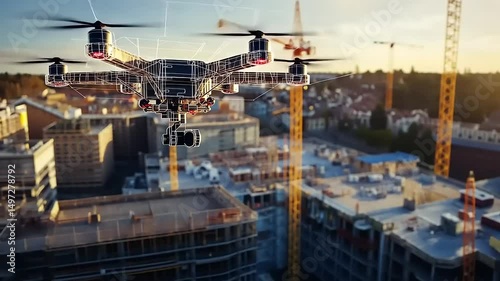 A drone surveying a construction site at sunset, capturing progress amidst towering cranes and buildings