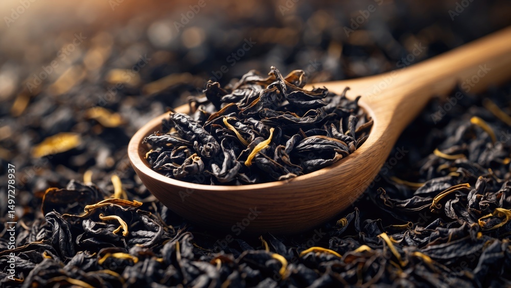 Fototapeta premium Wooden spoon with dry black tea leaves