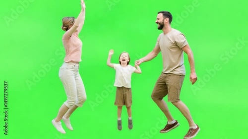Joyful Leap: A family celebrates with an exuberant jump, showcasing their shared happiness and bond against a vibrant backdrop.