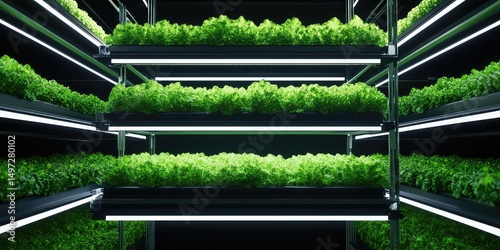 Indoor hydroponic farm growing fresh leafy green vegetables under artificial led lights