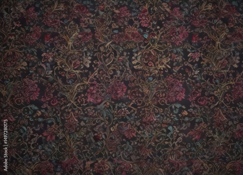 Intricate damask, jewel-toned vines & leaves, opulent textile , vintage, botanical, acanthus