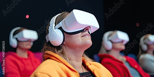 Group of people immersed in virtual reality enjoying a modern vr experience with vr headsets