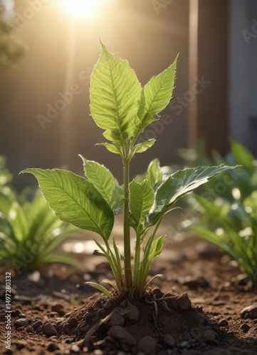 Young plant bathed in morning sunlight, delicate details visible ,  leaf,  botany,  nature
