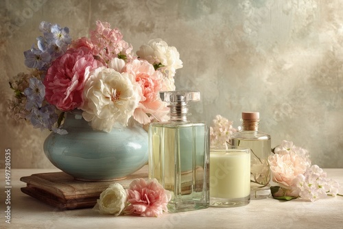 Spa-inspired composition with blooming flowers, scented candles, and body oils, AI Generated