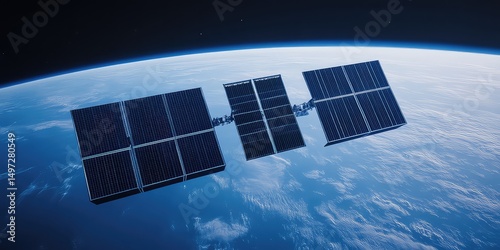 Satellite in orbit displaying solar panels with earth in the background representing space technology and exploration