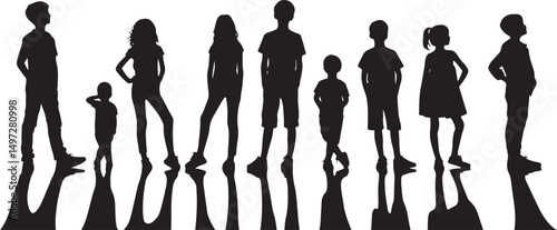 A diverse group of children of varying ages form a silhouetted scene, showcasing concepts of camaraderie, unity, and growth, highlighted by dramatic lighting and reflections