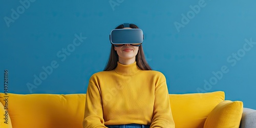 Young woman wearing virtual reality headset sits relaxed and smiling in modern home environment