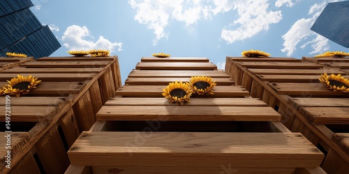 Wooden structures decorated with sunflowers pointing towards blue sky with cloud formation and buildings