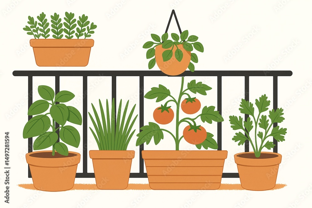 Fototapeta premium Urban Gardening: Balcony Plants & Herb Pots 