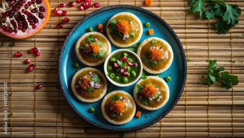 Ingredients such as puri, tamarind and coriander chutney, peas gravy, carrot, pomegranate, and coriander leaves are combined to create masala puri. photo