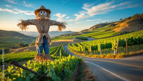 Vineyards and a scarecrow on a heart-shaped road in a well-known border landscape.