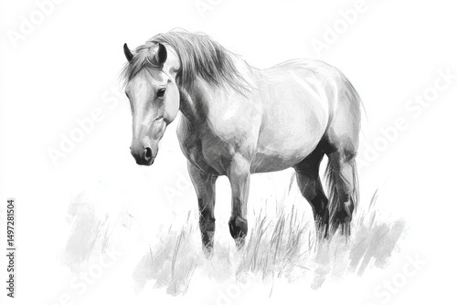 Realistic pencil drawing of a horse in a grassy field with monochrome shading