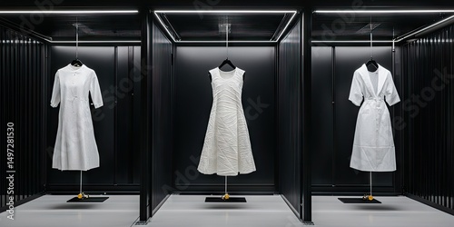 Three elegant white dresses displayed in modern black booths with minimalist aesthetic and lighting