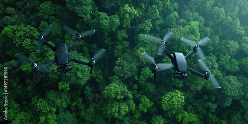 Aerial view of two modern drones flying over lush green forest canopy in sunny daylight