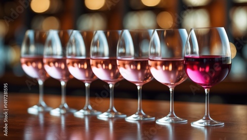 Assorted shades of Rose wine displayed in a row of stemmed glasses from light to dark on a table, with a backdrop behind. Wine bar, wine shop, wine tasting idea