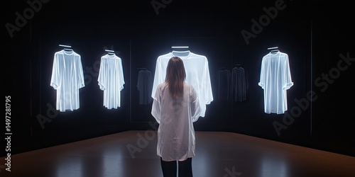 Woman in front of illuminated clothing forms futuristic exhibition displaying modern fashion design concepts.