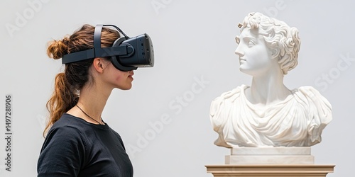 Woman wearing virtual reality headset gazes at classical marble bust in modern museum setting