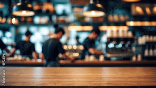 Vacant wood table surface in a shop or cafe with an indistinct background photo
