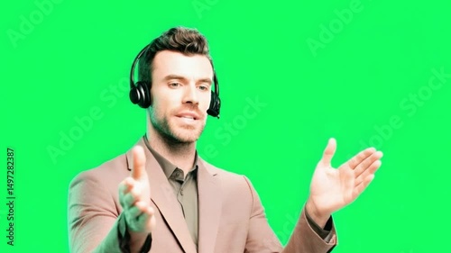 Communication at work: A sharply dressed professional, donned in a headset, animatedly communicates with his hands, set against a vivid backdrop.