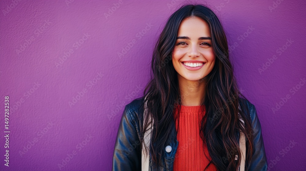 Fototapeta premium Portrait of a Beautiful Young Woman with Long Dark Hair Smiling on a Purple Background