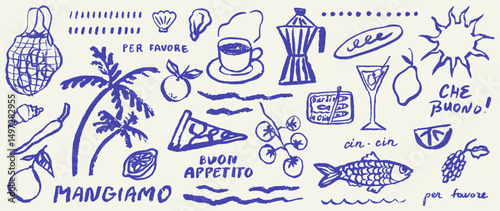 Italian style vacation hand drawn vector illustrations in grunge chalk or charcoal rough doodle sketch style. Summer vacation elements in ink simple style. Drawings for poster, placard or menu print.