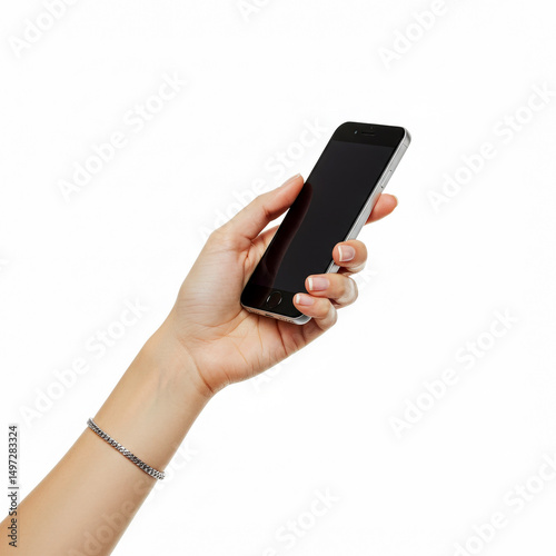 Smartphone in female hands taking photo isolated on a white