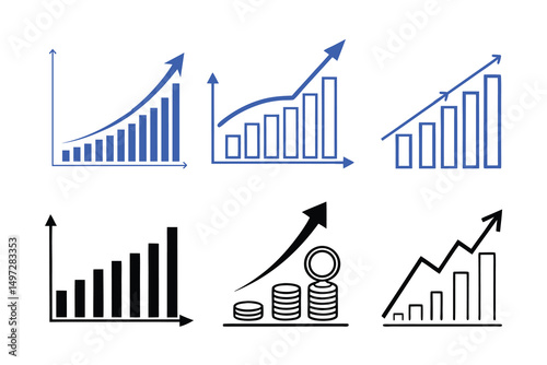 Growth chart vector symbol, business increase, profit rise, financial gain, investment returns silhouette illustration 
