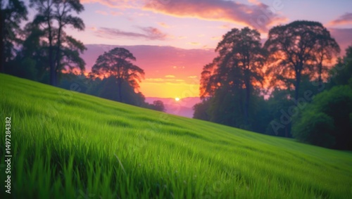 Vibrant grass set against a softened view of trees and sunset. Sunrise over a green pasture.
