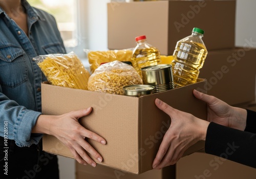 Person handing a box filled with pasta, oil, and canned goods to another person