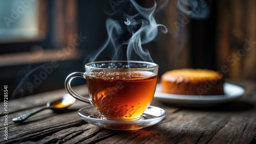 Wooden table featuring a glass of black tea, a teaspoon, and honey cake