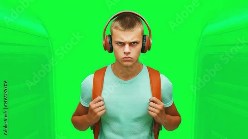 Cool Vibes: A young person, caught in a dynamic green world, with headphones and backpack, encapsulates the energy of modernity. 