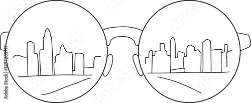 doodled pair of vintage round glasses with city scenes reflected in the lenses