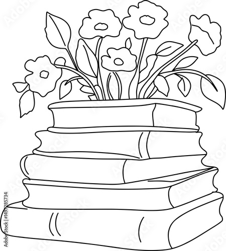 Stack of books with flowers growing out