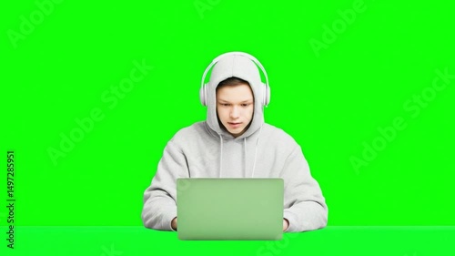 Coding Focus: A young individual deeply engrossed in coding or software development, wearing headphones, intently focused on their laptop screen, set against a vibrant green backdrop. 