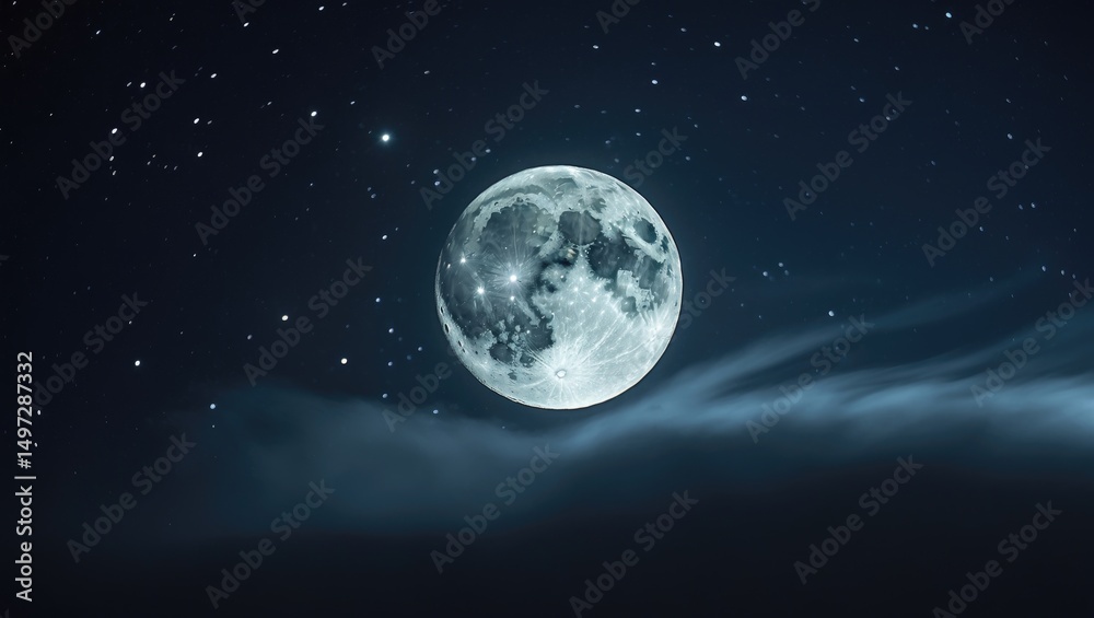 A full moon and stars shine in the dark black sky at night A full moon and stars shine in the dark black sky at night