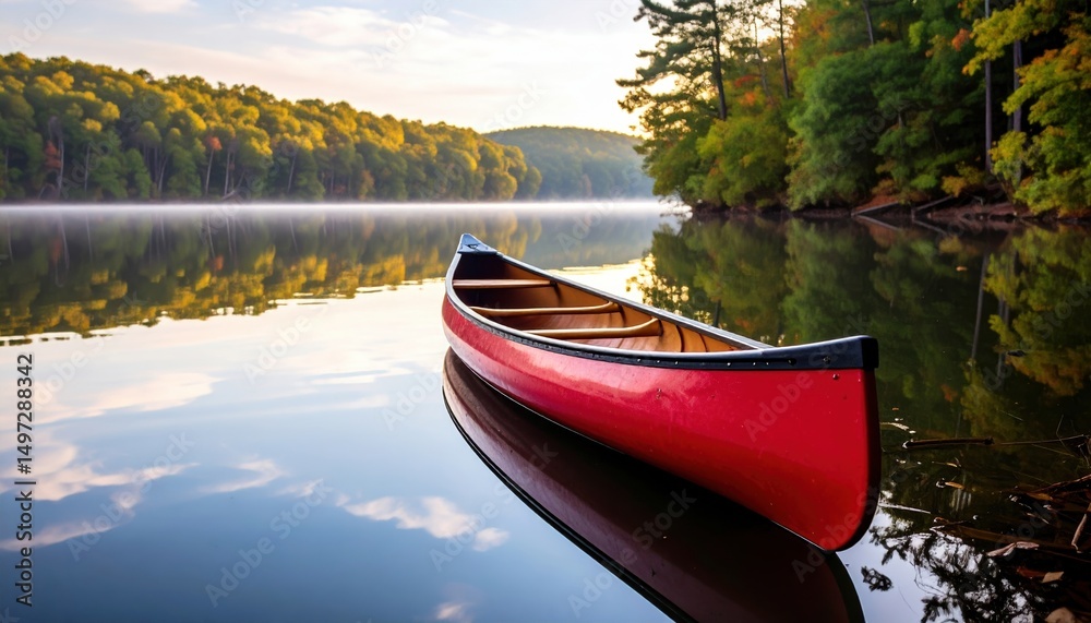 Fototapeta premium Red canoe on scenic lake reflecting lush autumn forest and clear sky