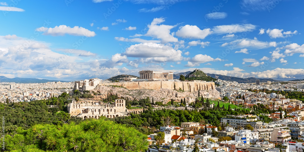 Fototapeta premium View of Acropolis from the Philopappos Hill in sunny day, Athens, Greece.