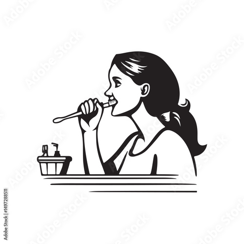 Vector illustration of woman brushing teeth with cheerful expression and modern style isolated on white background.