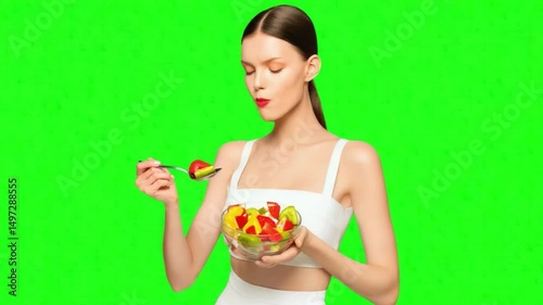Balanced Diet: A portrait of a young woman enjoying a bowl of colorful fresh fruit, embodying the essence of a healthy lifestyle. The vibrant greens in the background beautifully complement the scene.