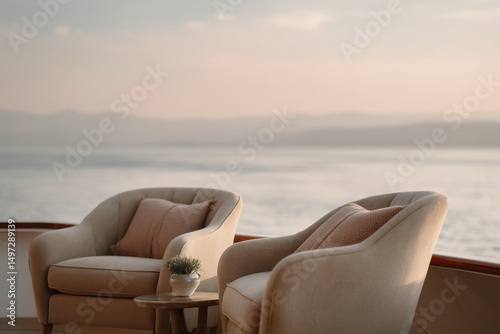 luxurious yacht with elegant loungers overlooking serene sea view photo