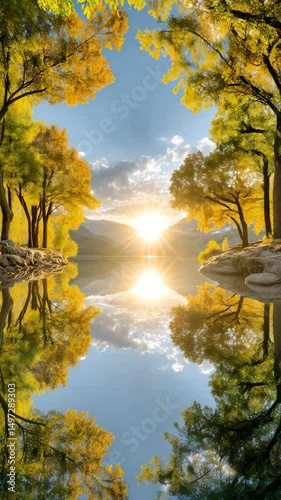perfect mirror reflection at sunrise lake sunrise lake reflection symmetry, sunrise lake reflection symmetry, sunrise lake reflection symmetry in golden hour calm natural harmony in serene landscape