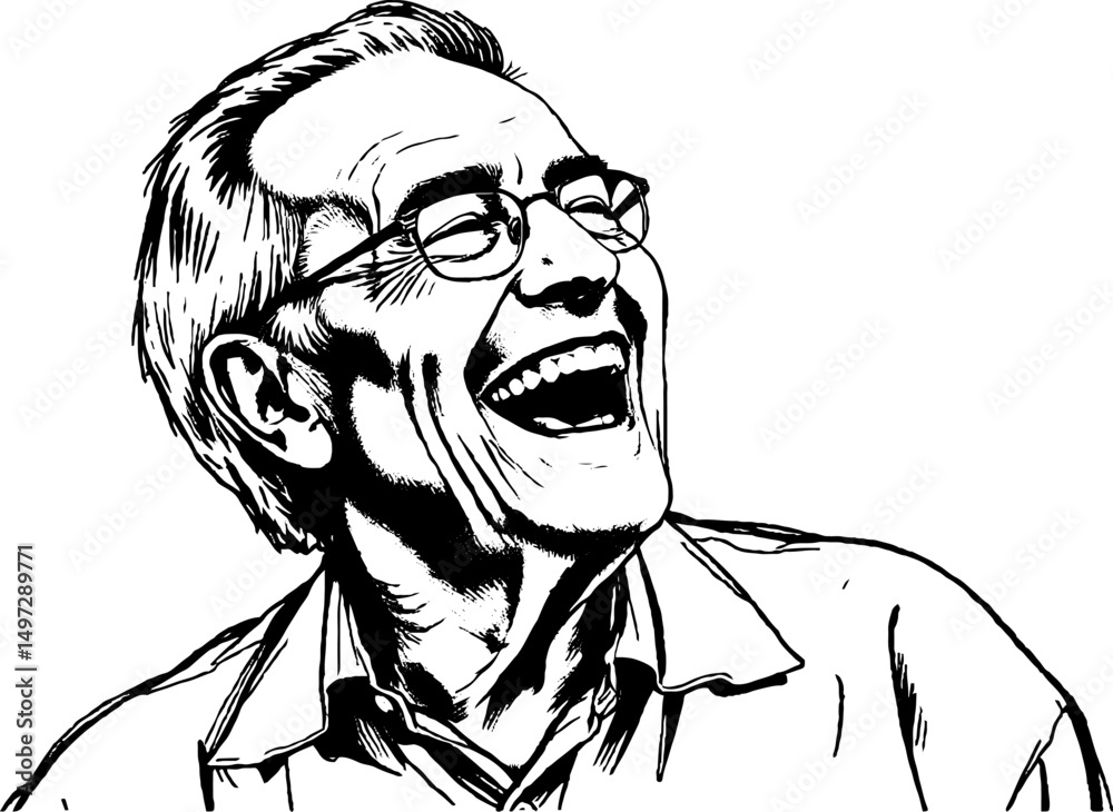Fototapeta premium Elderly man laughing joyfully with glasses in a sketched portrait 