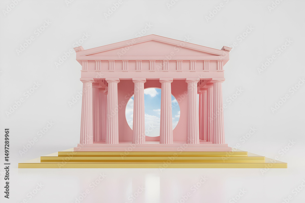 Fototapeta premium Pink Classical Temple with Circular Sky View on Gold Platform