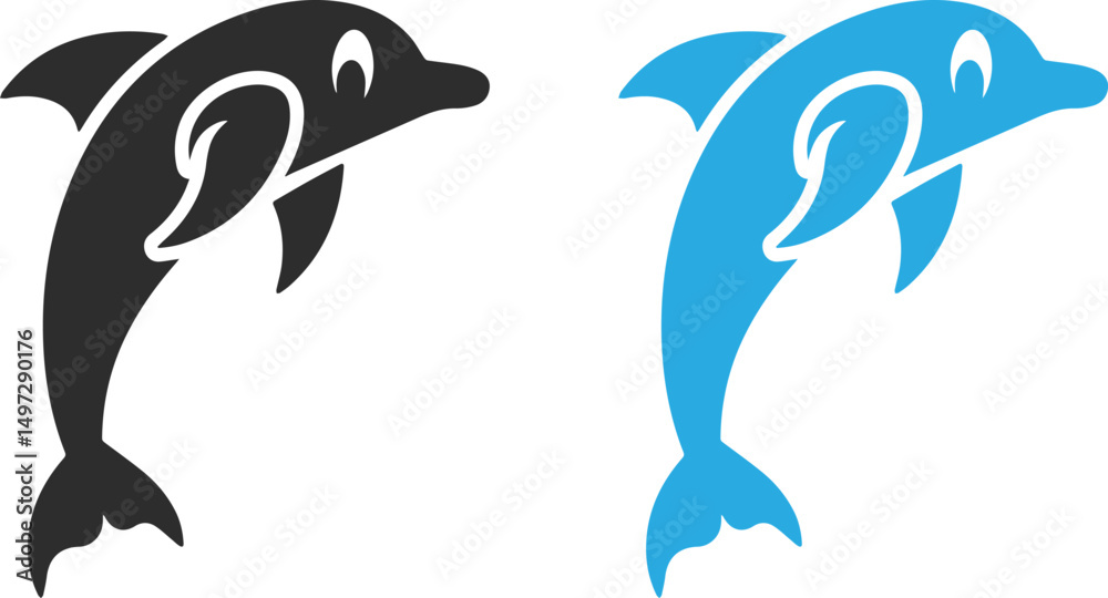 Fototapeta premium Dolphin logo in minimalist style, jumping dolphin icon, dolphin silhouette in black and blue colors.