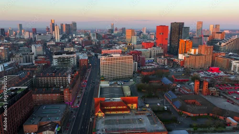 Aerial video of Manchester northern quarter area cityscape at sunrise